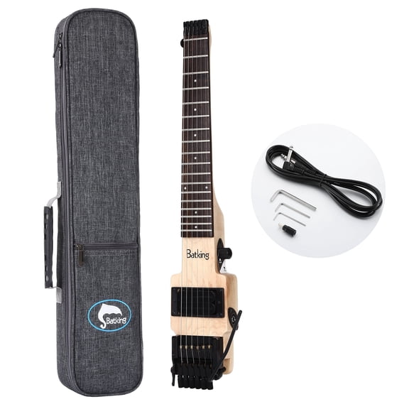 Batking Electric Mini Travel Headless Guitar Solid Body with Tremolo Push Pull Switch Canadian Maple Body 6-String Off-White 23.03 Inch