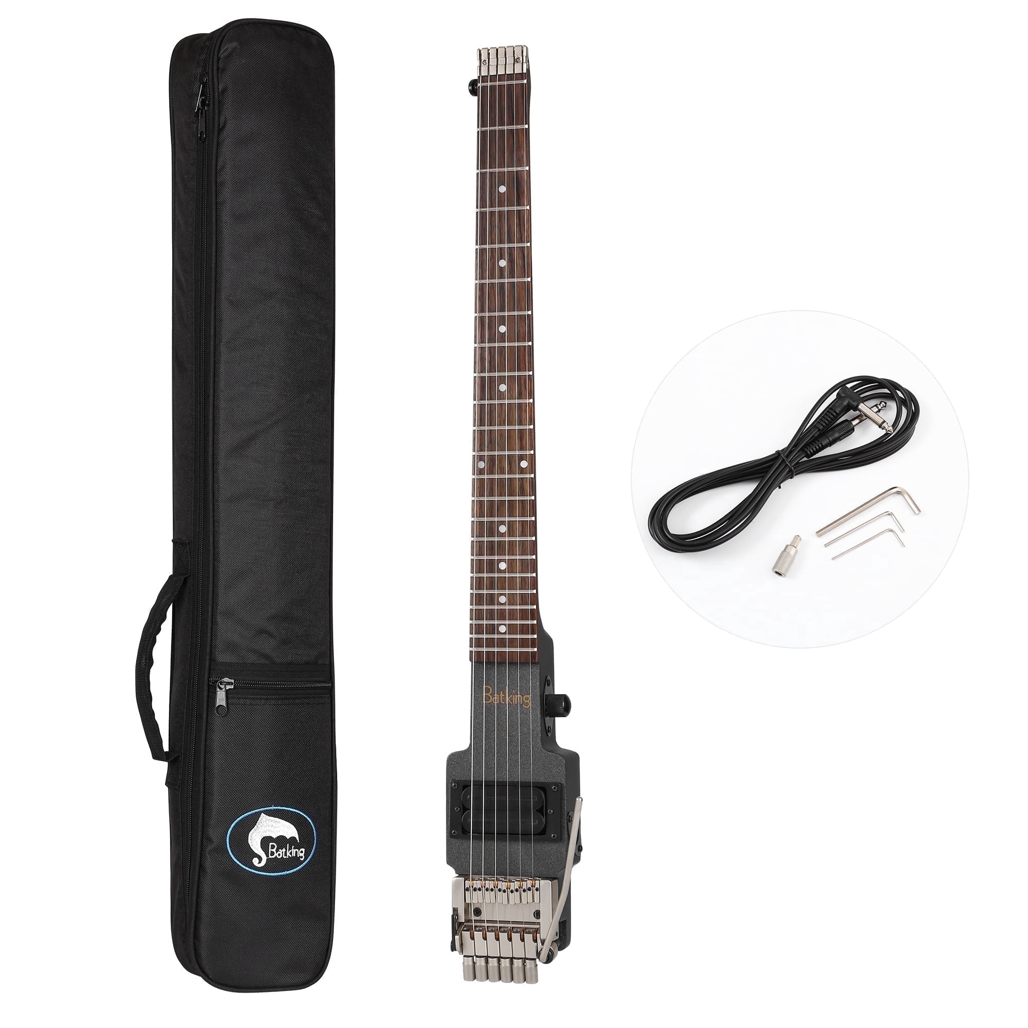 Batking Headless Electric 6-String Electric Guitar, traveler guitar,Double Locking Tremolo Bridge, with Gigbag, Black