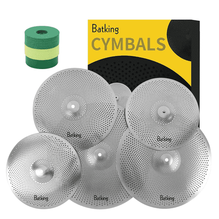 Batking Low Volume Quiet Cymbals Practice Pack, 60%-70% Stainless Steel Drum Set Cymbals, 14/16/18/20”, 5 Pcs