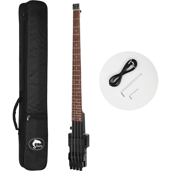Batking Travel Bass Guitar, Headless Electric Bass, 4 Strings, Hard Maple, Rosewood, Black, Includes Gigbag