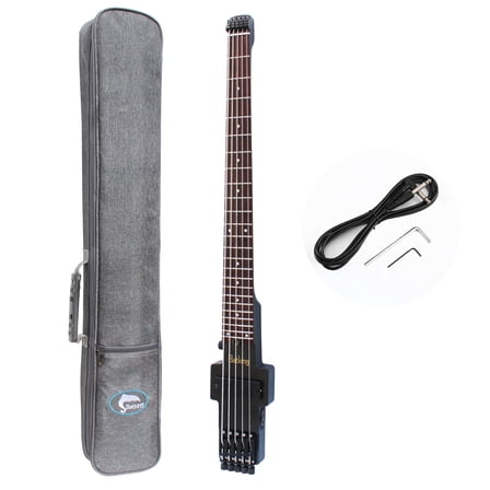 Batking Travel Bass Guitar, Headless Electric Bass Guitar 5 Strings Fretted in Black Color with Gigbag