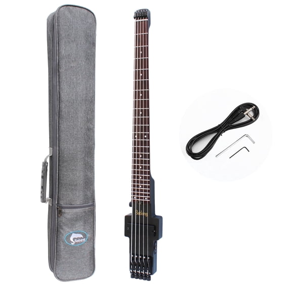 Batking Travel Bass Guitar, Headless Electric Bass Guitar 5 Strings Fretted in Black Color with Gigbag