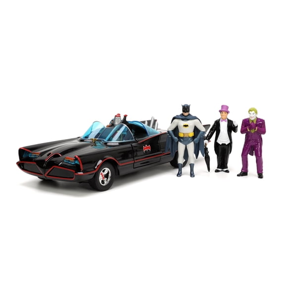 Jada Toys Batman 1966 Batmobile Die-Cast Car & 2.75" Batman, Robin, Penguin, & The Joker Figures, 1:24 Model Vehicles