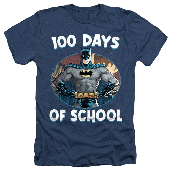 Batman 100 Days of School Unisex Adult Heather T Shirt, Navy Heather, Medium