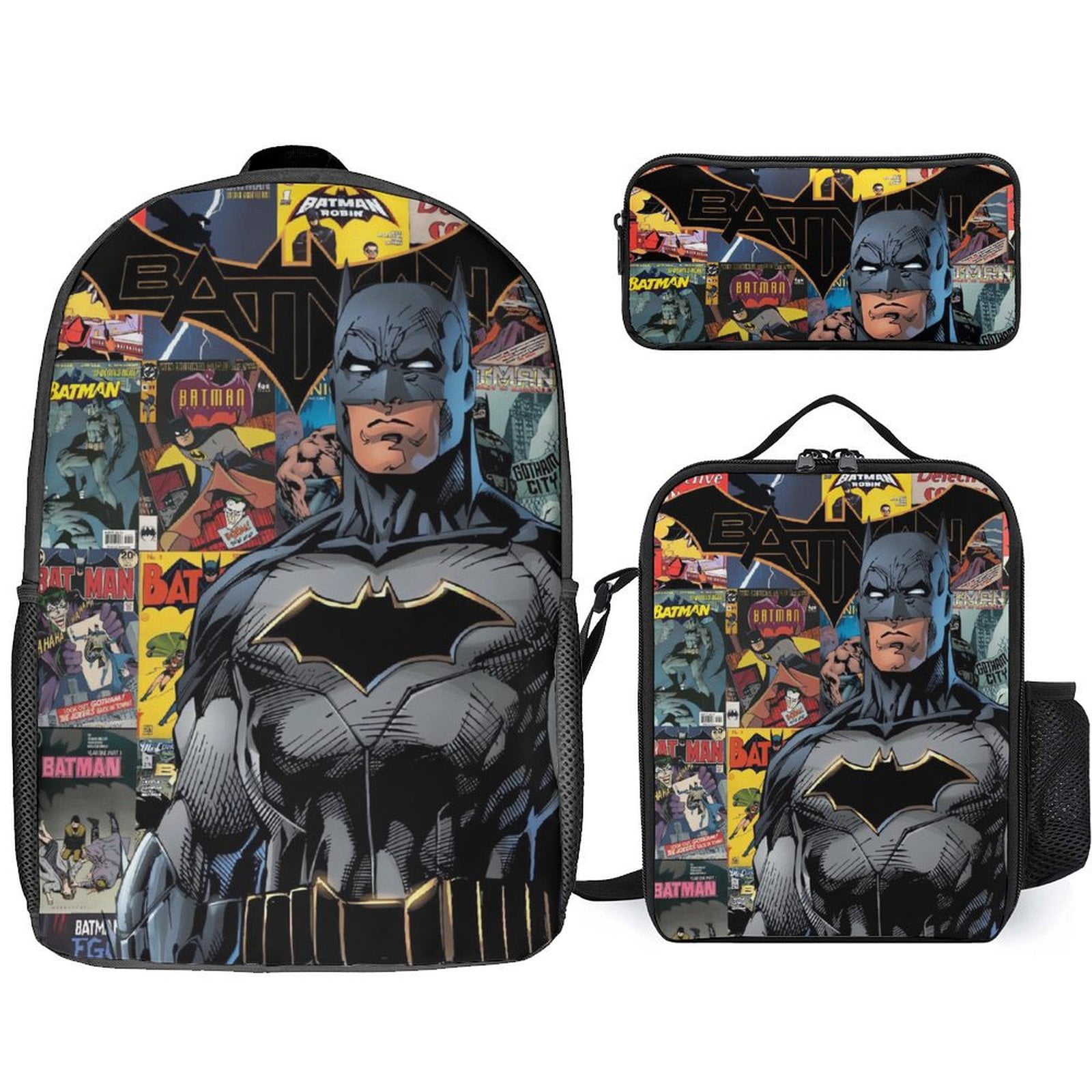 Batman 3 Piece Backpack Set with Lunch Bag Pencil Case, High Capacity Bookbag with Lunch Box Pen Box for Man Women Workplace Travel