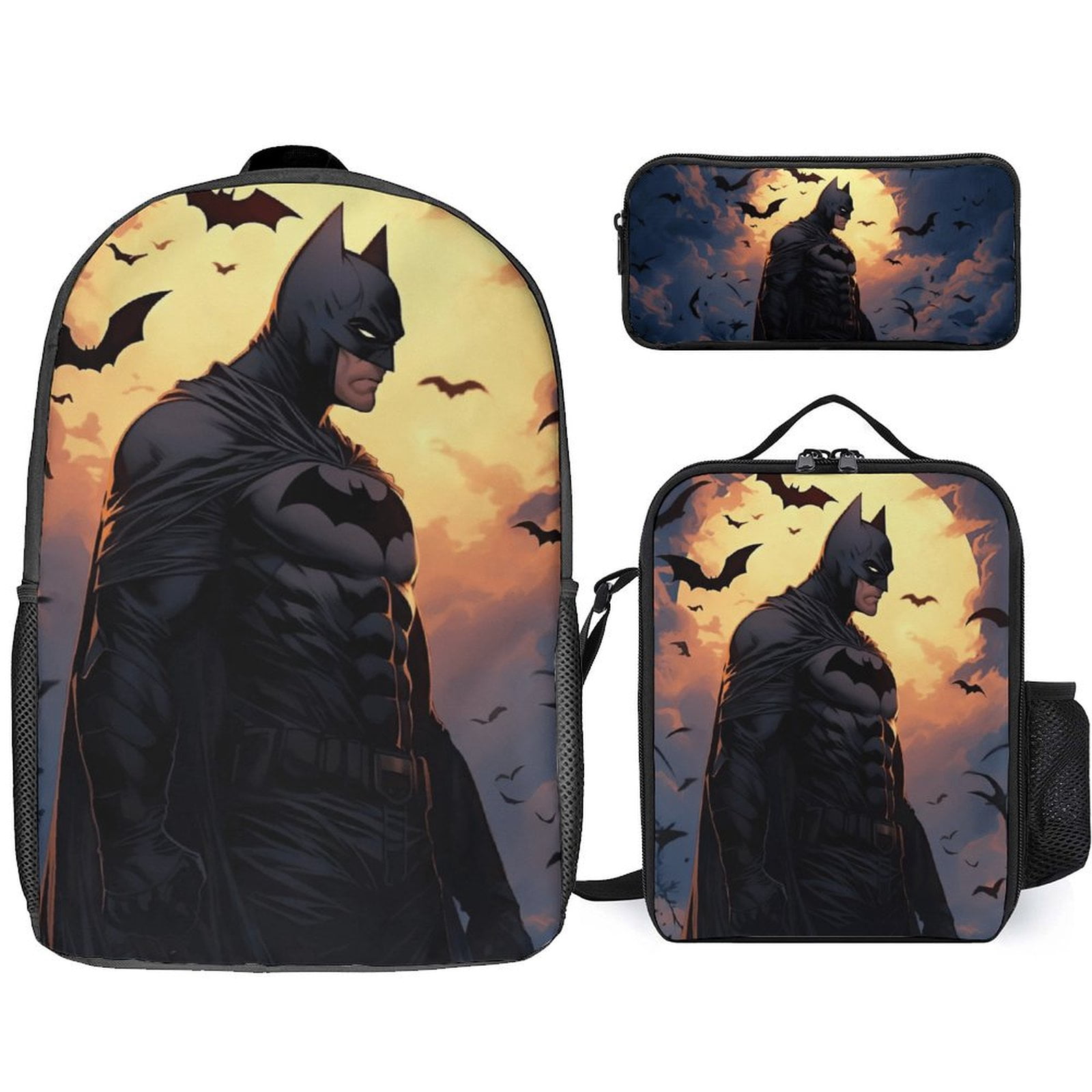 Batman 3 Piece Backpack Set with Lunch Bag Pencil Case, High Capacity Bookbag with Lunch Box Pen Box for Man Women Workplace Travel