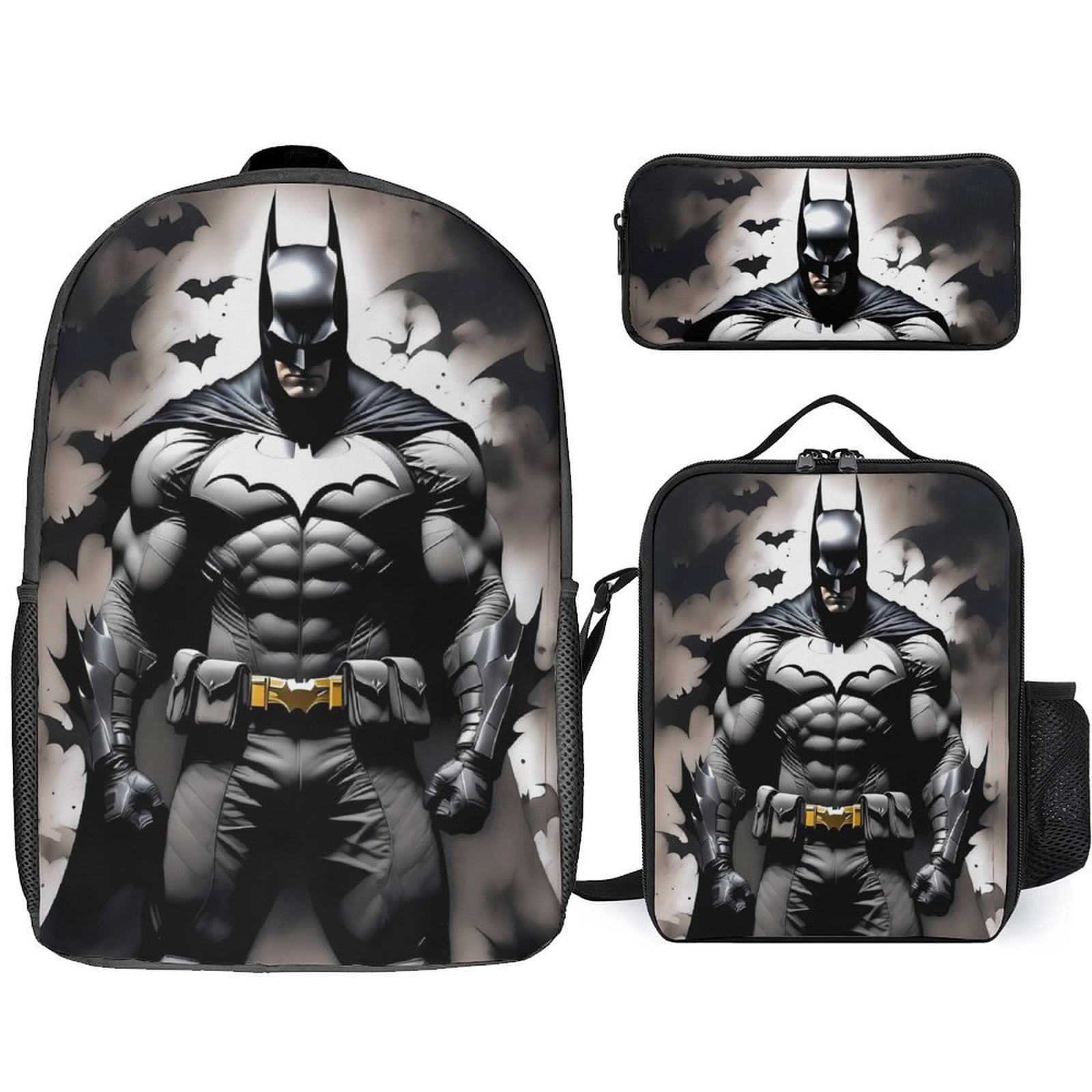 Batman 3 Piece Backpack Set with Lunch Bag Pencil Case, High Capacity Bookbag with Lunch Box Pen Box for Man Women Workplace Travel