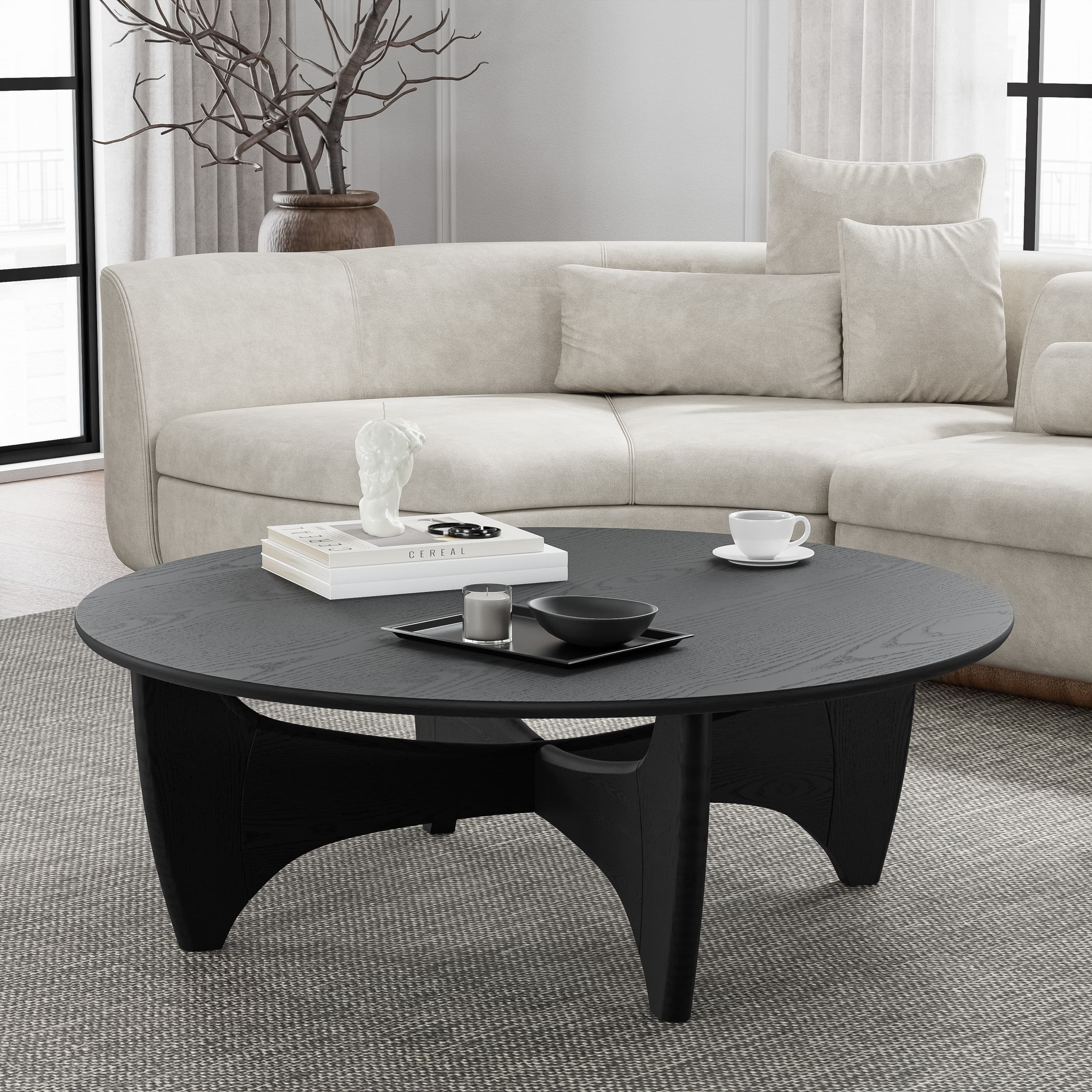 MAYEERTY 38"x38"x16" Solid Wood Coffee Table Round Sofa Table,Black