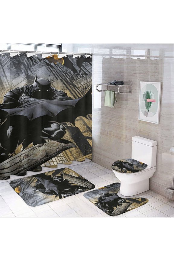 Batman 4 Pcs Shower Curtain Sets Non-Slip Rugs, Toilet Lid Cover And Bath Mat for Bathroom Decor Set