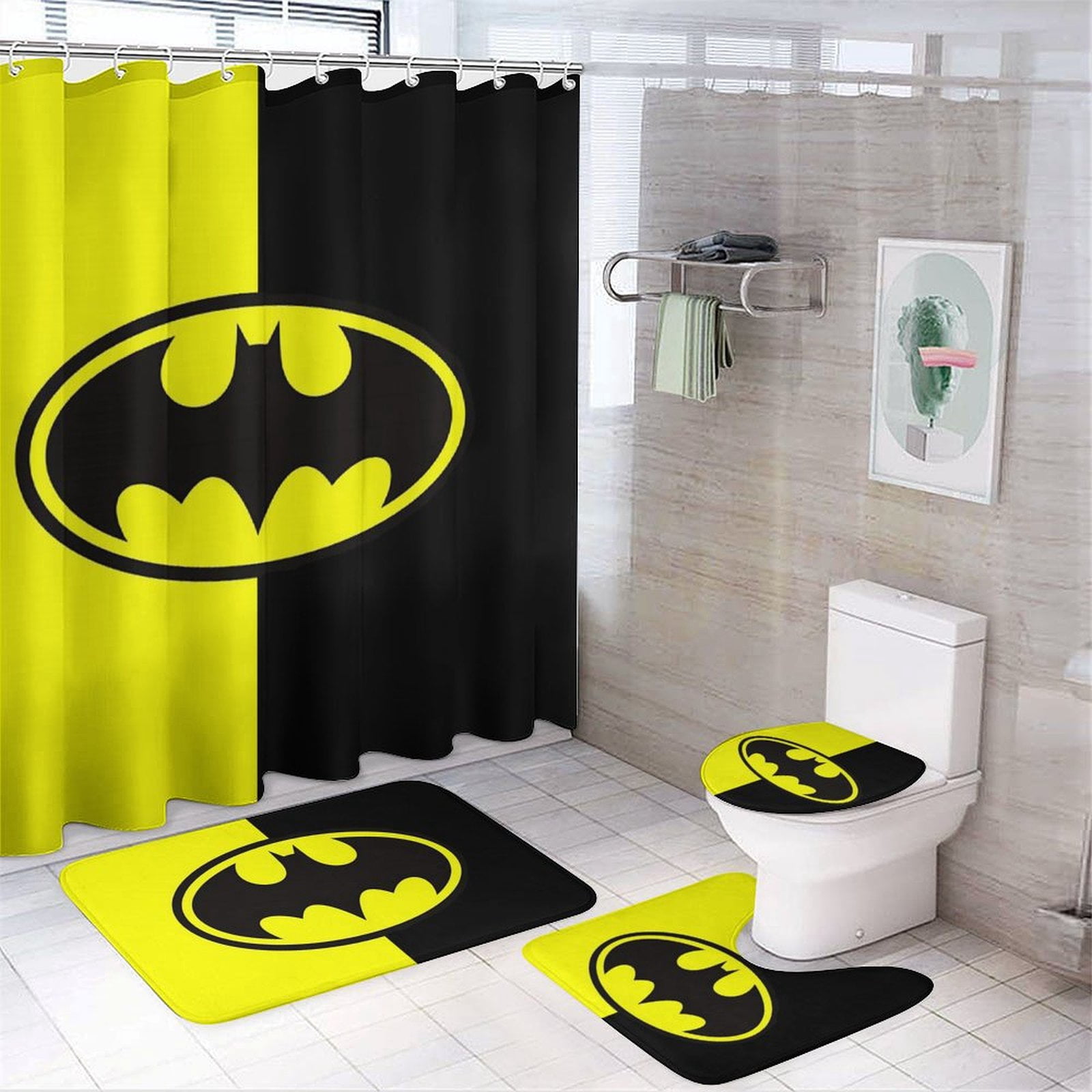 Batman 4 Pcs Shower Curtain Sets Non-Slip Rugs, Toilet Lid Cover And ...