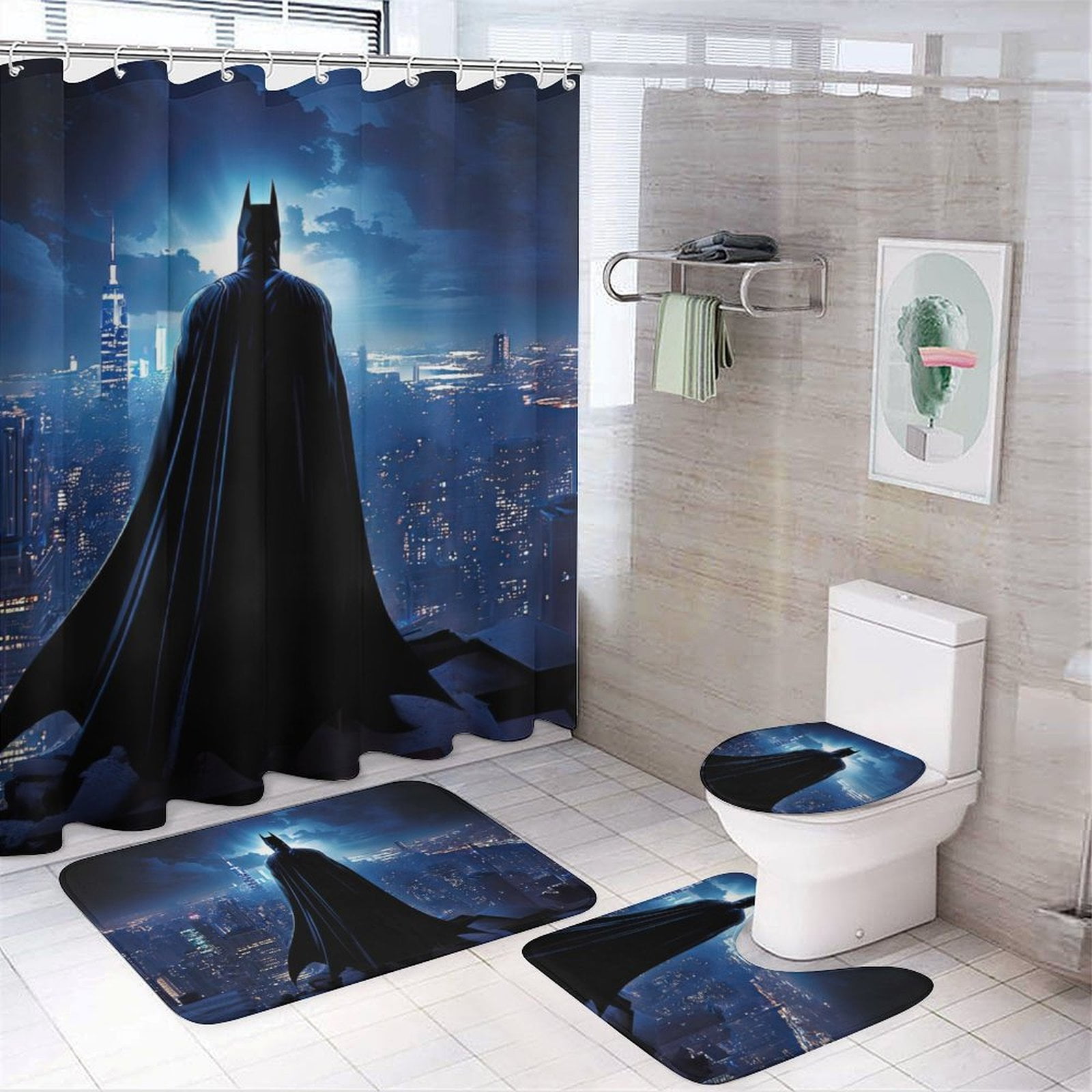 Batman 4 Piece Shower Curtain Set with Toilet Lid Cover, Non-slip Rugs ...
