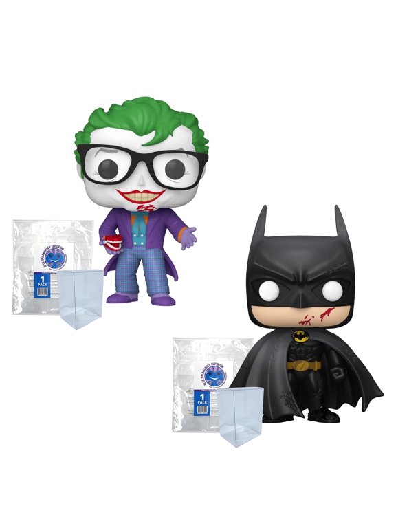 Batman 85th Anniversary The Joker with Teeth #517 and Batman Bloody #518 Funko Pops + Blue Salamander Emporium Plastic Cases