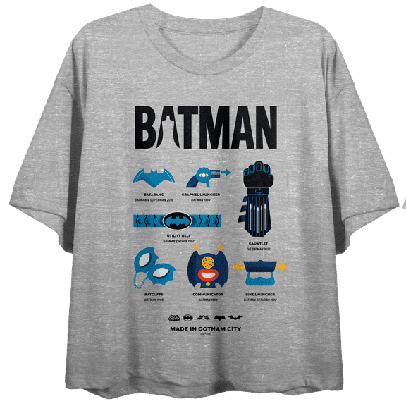 Batman 85th Mashup Icon Composition Art Crew Neck Short Sleeve Gray Heather Women's Crop Top-XL