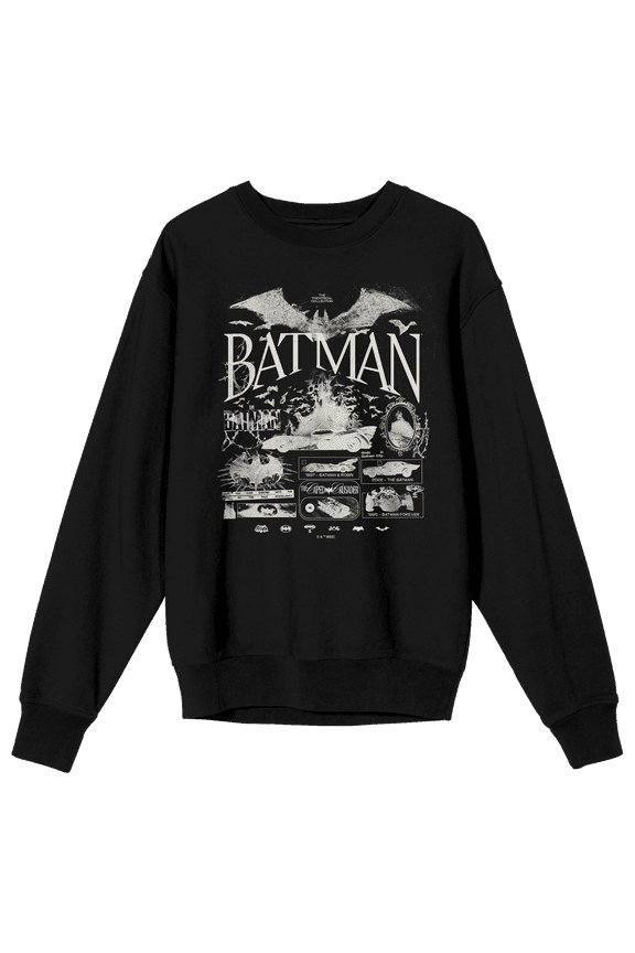 Batman 85th Mashup Logos & Gadgets Collage Crew Neck Long Sleeve Black Adult Sweatshirt-XL