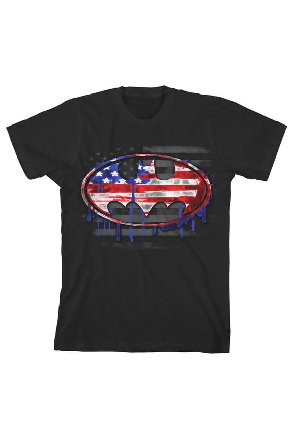 Batman American Flag Bat Signal Toddler Boy's Black Graphic Tee-4T