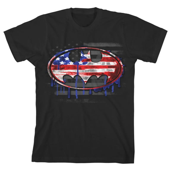 Batman American Flag Bat Signal Youth Black Graphic Tee-Large