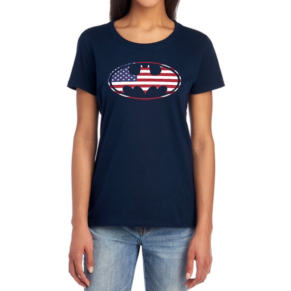 Batman American Flag Oval Women's T Shirt, Navy, X-Large