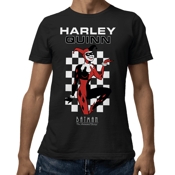 Batman Animated Series Harley Quinn Checkered Graphic Casual Unisex Adult Mens and Womens Short Sleeve T-Shirt (Black, S-XXL)