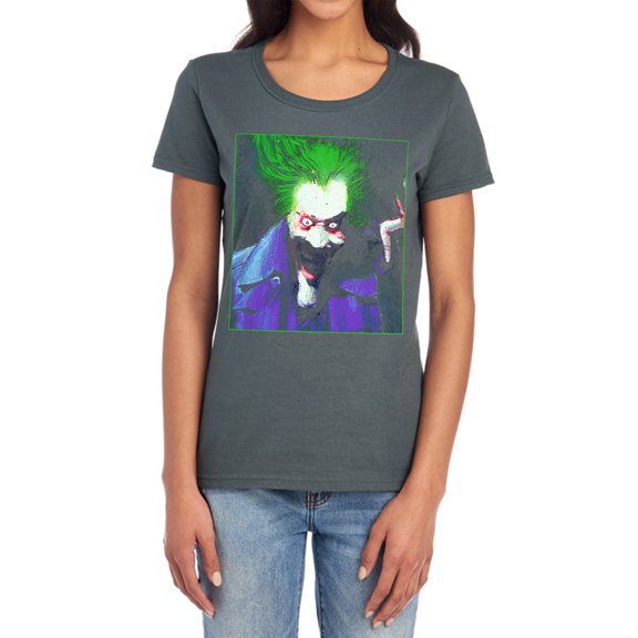 Batman Arkham Asylum Joker Women's T Shirt, Charcoal, 2X-Large