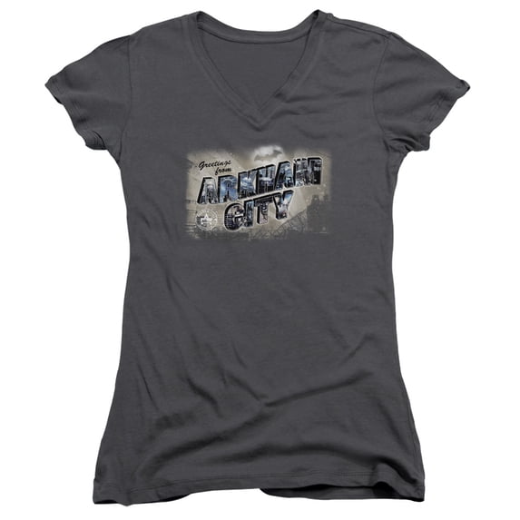 Batman Arkham City Greetings From Arkham Junior Women's T-Shirt V-Neck Charcoal