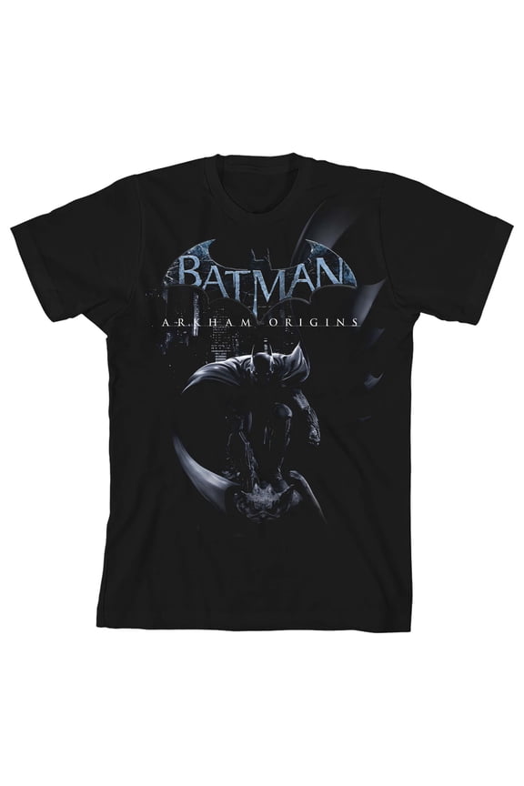 Batman Arkham Origins on Back Youth Boys Black T-Shirt-Medium