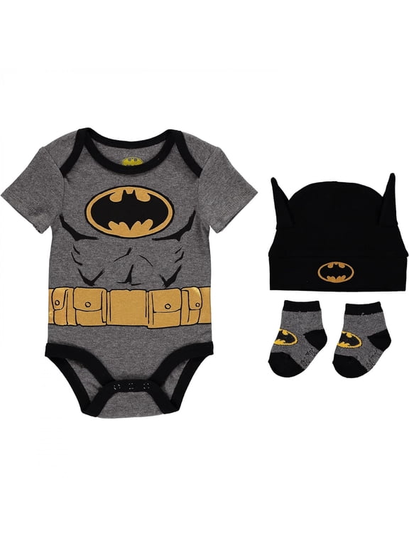 DC Comics Baby Boys' 3 Piece Gift Batman Bodysuit Bootie Socks and hat Set, Black/Grey 0-3 Months