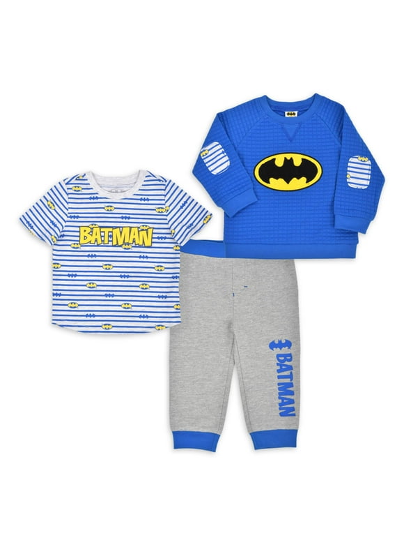 Batman Baby Boy Outfit Set Fleece Long Sleeve Crew, T-Shirt, and Pants, 3pc