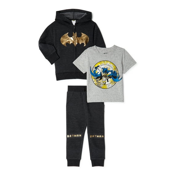 Batman Baby and Toddler Boy Zip Hoodie, Short-Sleeve T-Shirt and Joggers, 3-Piece Outfit Set, Sizes 12M-5T