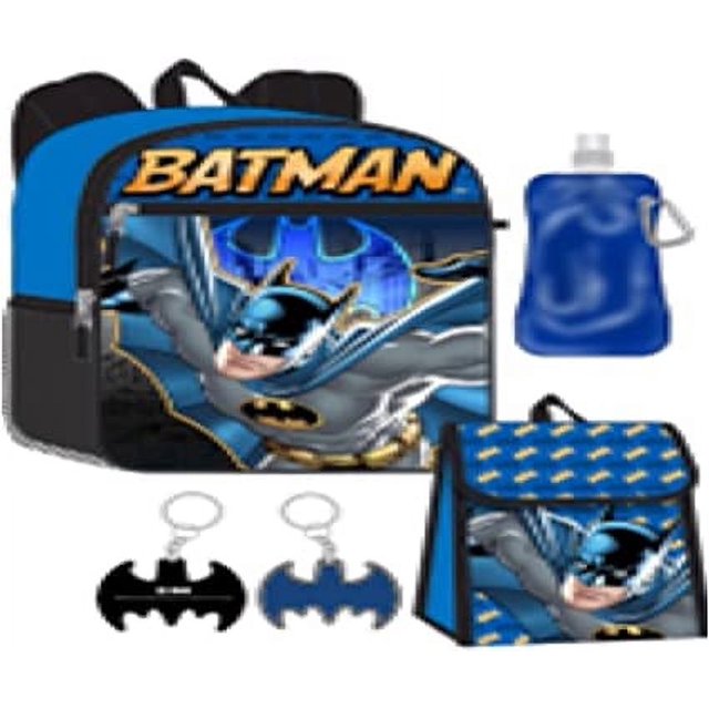 Batman Backpack with Lunch Bag 2Key Chains Water Bottle 5 Piece Kids