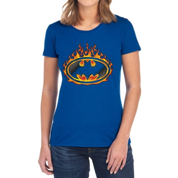 Batman Bat Flames Shield Women's T Shirt, Royal, Small