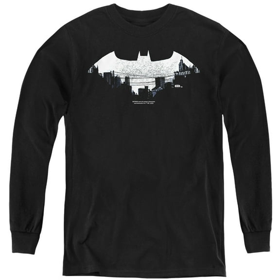 Batman Bat Logo Cityscape Kids Long Sleeve T Shirt (Medium) for Youth Boys and Girls, Black