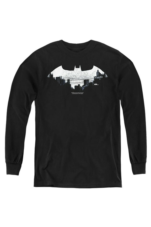 Batman Bat Logo Cityscape Kids Long Sleeve T Shirt (Small) for Youth Boys and Girls, Black