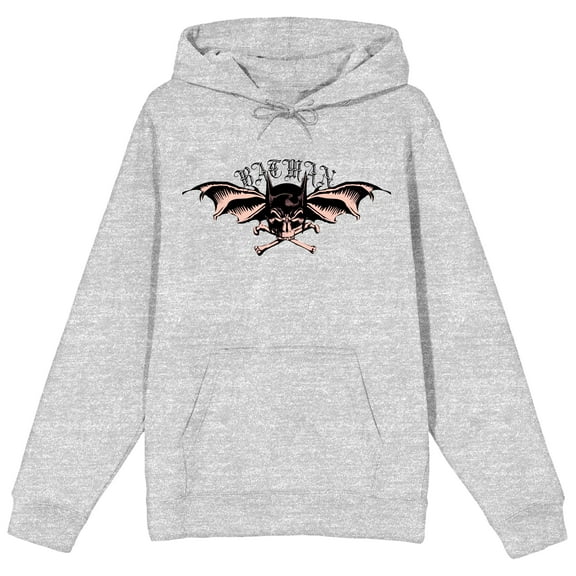 Batman Bat Mask, Bat Wings, and Crossbones Men's Athletic Heather Gray Graphic Hoodie-Large