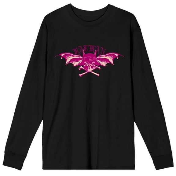 Batman Bat Mask With Bat Wings And Cross Bones Men's Black Crew Neck Long Sleeve Graphic Tee-Large