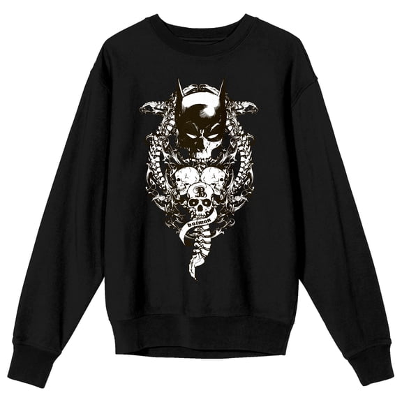 Batman Bat Mask With Three Skulls Men's Black Crew Neck Long Sleeve Graphic Sweatshirt-XXL