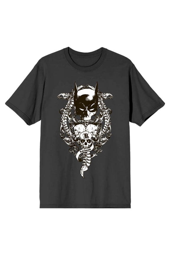 Batman Bat Mask With Three Skulls Men's Charcoal Crew Neck Short Sleeve Tee-Medium