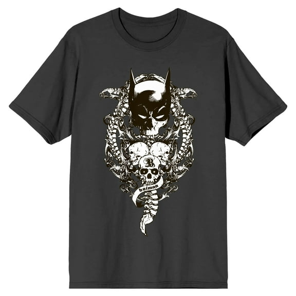Batman Bat Mask With Three Skulls Men's Charcoal Crew Neck Short Sleeve Tee-XXL