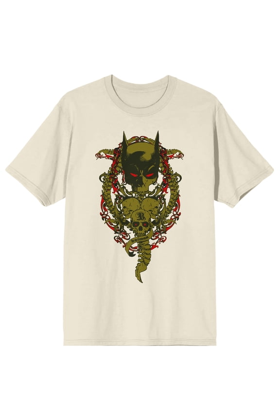 Batman Bat Mask With Three Skulls Men's Natural Crew Neck Short Sleeve Tee-XL