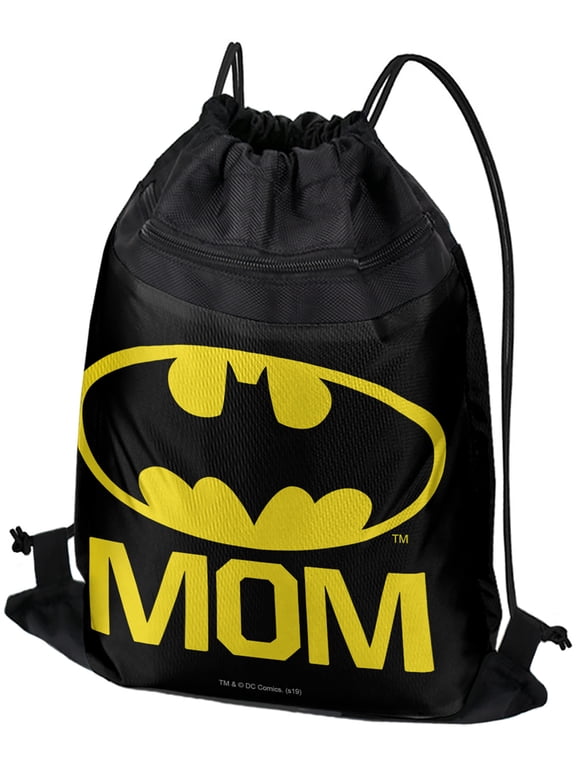 Batman Bat Mom Shield Logo Drawstring Backpack Sports Bag Sackpack 17" x 13", Perfect for Gym, Yoga or Practice