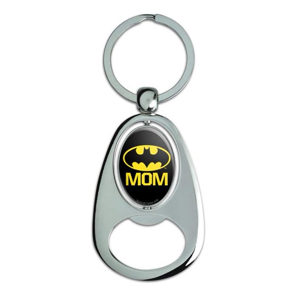 Batman Bat Mom Shield Logo Keychain Chrome Metal Spinning Oval Bottle Opener