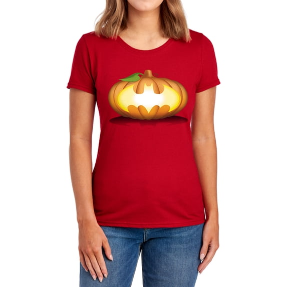 Batman Bat Pumpkin Logo Women's T Shirt, Red, Large