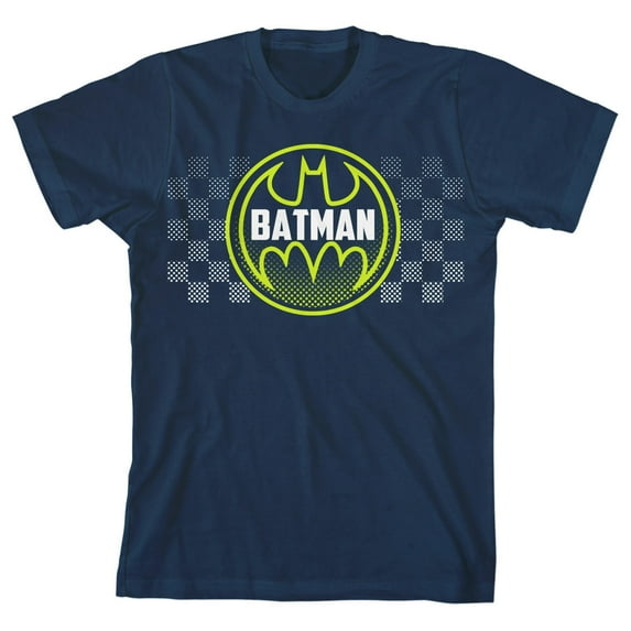 Batman Bat Signal Logo Checkered Background Boy's Navy Blue T-shirt-M