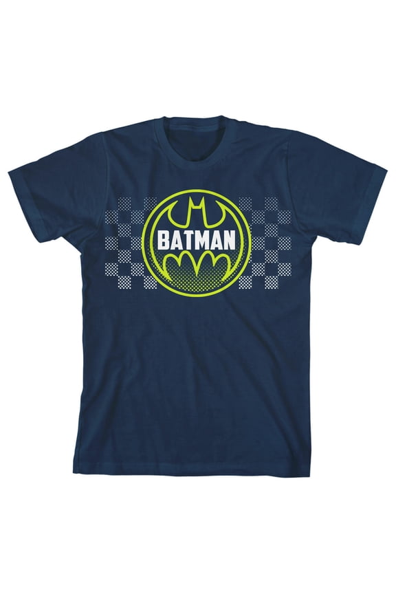 Batman Bat Signal Logo Checkered Background Boy's Navy Blue T-shirt-M