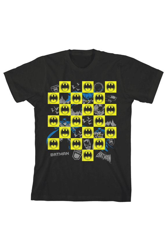 Batman Bat Signal Pattern Youth Black Short Sleeve Crew Neck Tee-Large