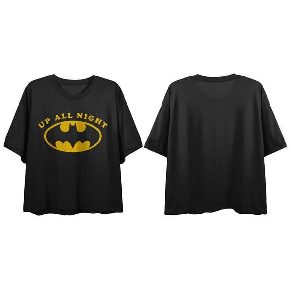 Batman Bat Signal Up All Night Ladies Black Cropped Boyfriend Tee-XS