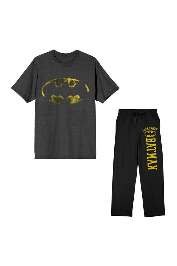 Batman Bat Signal and Dark Knight Logo 2-Pack Men's Black Tee Sleep Pajama Pants Set-Medium