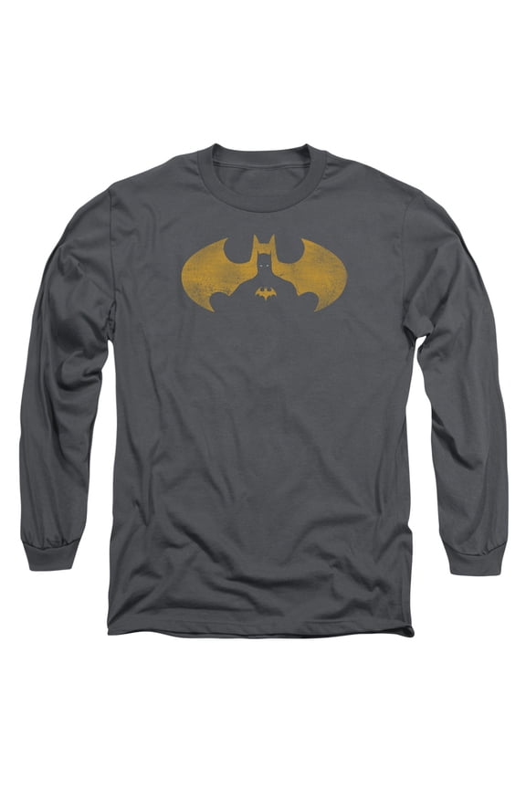 Batman Bat Symbol Knockout Long Sleeve Adult 18/1 T-Shirt-Charcoal