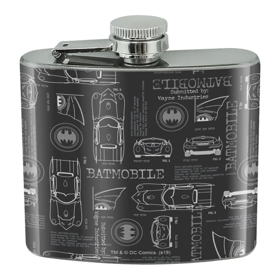 Batman Batmobile Blueprint Pattern Stainless Steel 5oz Hip Drink Kidney Flask