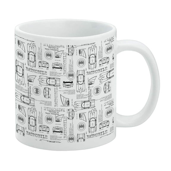 Batman Batmobile Blueprint Pattern White Mug