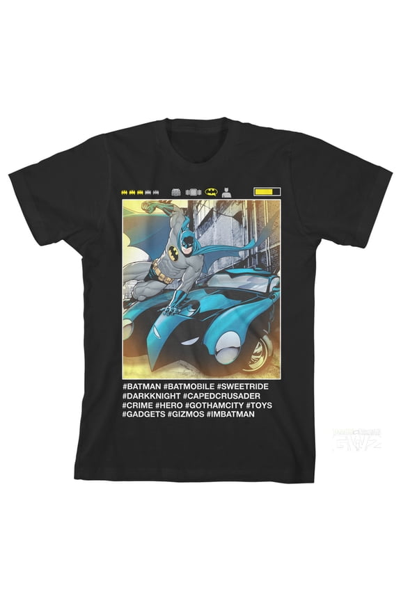 Batman Batmobile Social Media Pose Boy's Black T-shirt-L